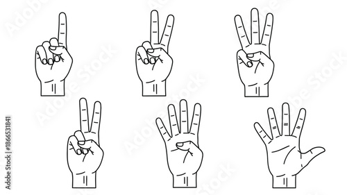Illustrative hands displaying numbers one through five black and white silhouette