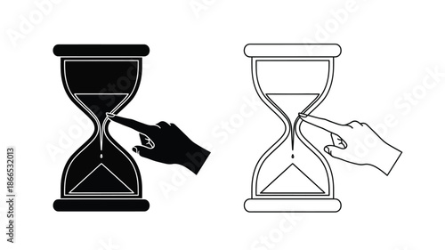 Two hourglasses with hands pointing contrasting designs in black and white silhouette
