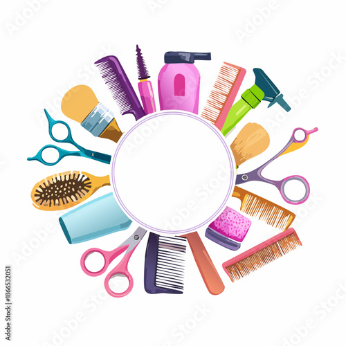 Hairdressing salon equipment circular arrangement showcases tools and accessories for hair care