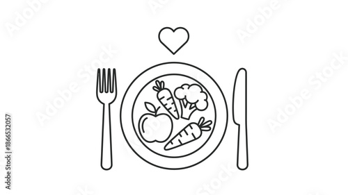 Healthy food plate with heart symbol a simple line drawing silhouette