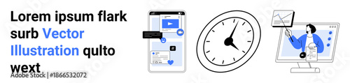 Productivity, time management, digital marketing, online communication, business analytics, workflow optimization. Smartphone with apps, clock and computer with charts. Productivity and time