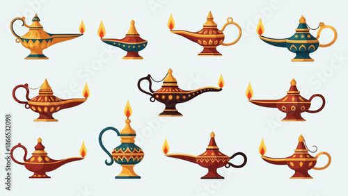 Seamless Pattern of Colorful Traditional Arabian Oil Lamps in Bright Studio