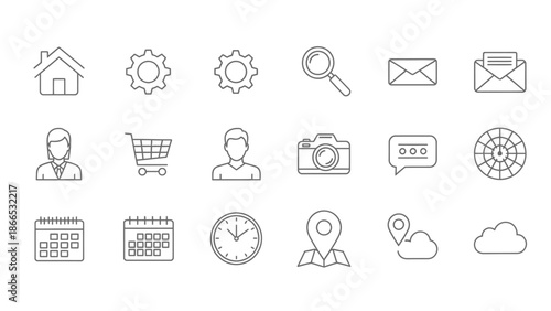Collection of essential user interface line icons including home, settings, search, and shopping cart in a bright studio.