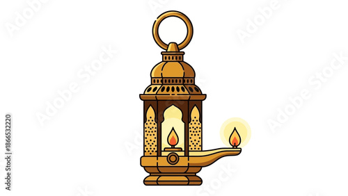 Traditional Moroccan lantern with an oil lamp and a small glowing flame, providing warm light on an isolated white background.
