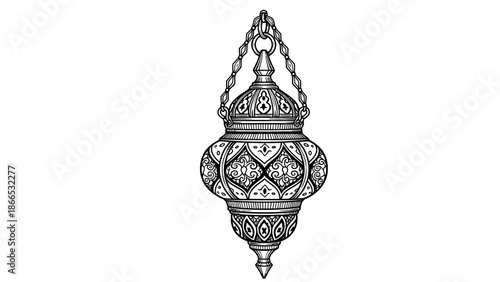 Elaborate Hanging Islamic Lantern Outline with Intricate Patterns for Ramadan and Eid on Isolated White Background