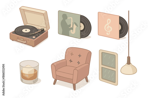 Vintage Vinyl Lounge. Isometric vector illustration set Vintage Vinyl Lounge: record player, jazz vinyls, velvet armchair, whiskey
