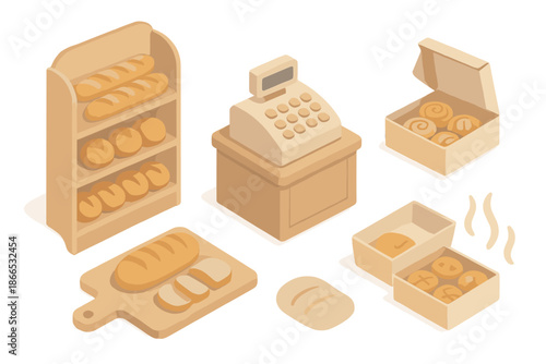 Warm Bakery Counter. Isometric vector illustration set Warm Bakery Counter: bread shelves, cinnamon rolls, cash register, pastry