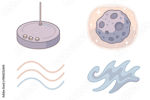 Orbital Tone Machine. Isometric vector illustration set Orbital Tone Machine: circular theremin, curved frequency lines, asteroid