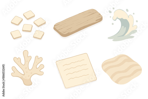 Coastal Poetry Icons. Isometric vector illustration set Coastal Word Fragments: scattered poetry magnets, driftwood plank, ocean