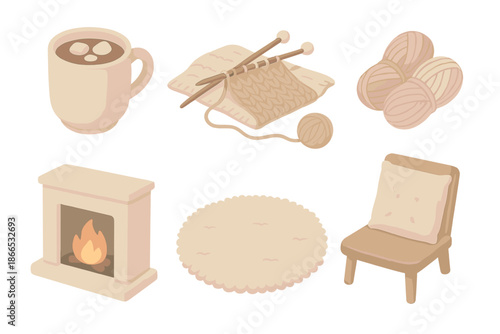Cozy Winter Knitting. Isometric vector illustration set Cozy Winter Knitting: hot cocoa mug, open knitting project, wool skeins,