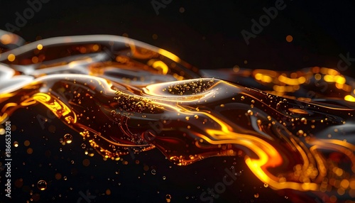 Abstract macro view of crude oil extraction, symbolizing the global energy crisis and oil war. Golden liquid flows with bubbles, representing the fossil fuel industry, power, and petroleum wealth.