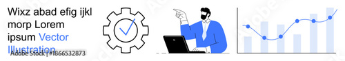 Business solutions, data management, workflow optimization, task tracking, analytics, performance insights. A gear icon with a check mark, professional at a laptop and a rising graph. Business