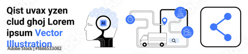 Artificial intelligence, logistics management, data flow, delivery systems, technology networks, digital sharing. Human head with AI, delivery process hub data sharing icon. Artificial intelligence