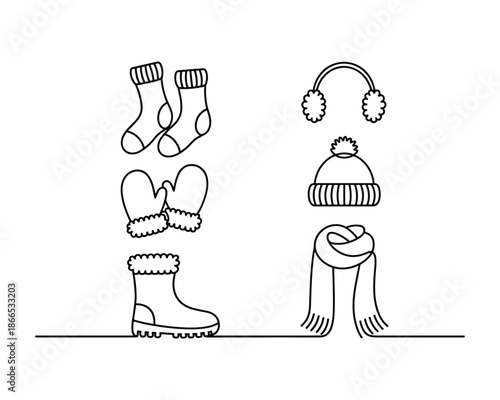 Black outline winter clothing set including socks mittens hat earmuffs and boot.