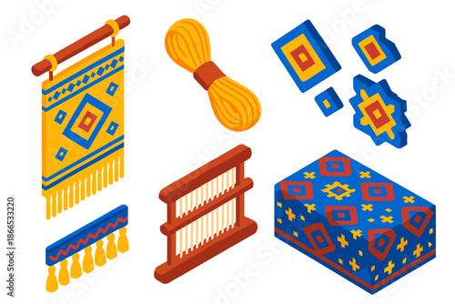 Saffron Tapestry Icons. Isometric vector illustration set Saffron Thread Tapestry: hanging woven panel, saffron thread bundle,