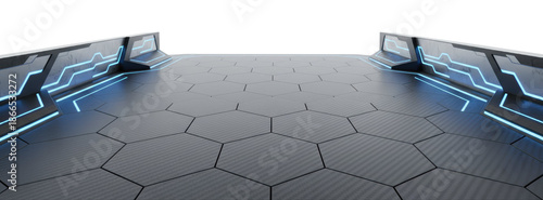 Futuristic Hexagon Platform With Blue Neon. Dark carbon floor features geometric pattern and glowing light lines on safety barriers.