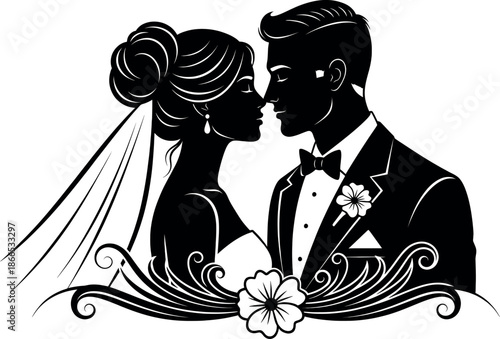 Black silhouette illustration of a romantic bride and groom facing each other