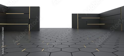 Futuristic Dark Hexagon Floor With Golden Lights. Modern black honeycomb surface features geometric pattern and vertical wall structures with warm yellow glow.