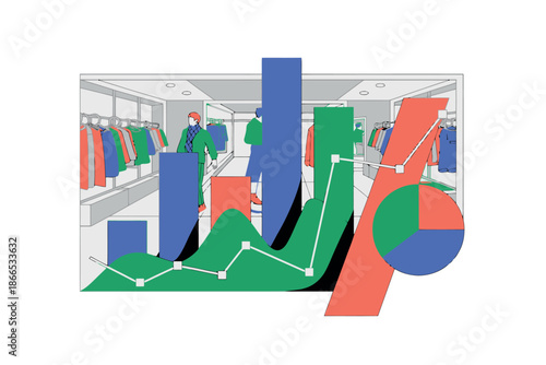Retail sales data visualization shows increasing consumer trends in a clothing store.