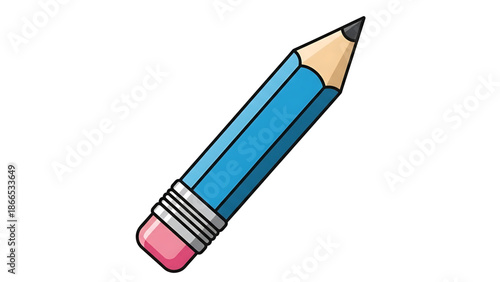 A colorful cartoon illustration of a blue pencil with a pink eraser