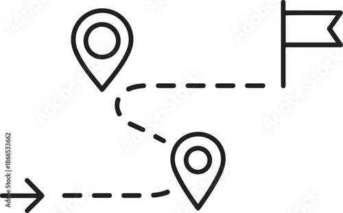 Black and white line art icon of a dashed route with location pins and a flag path