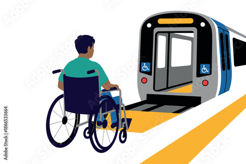 A person in a wheelchair waits to board a train with an accessible boarding ramp.