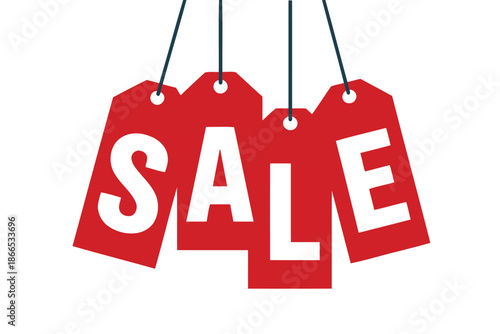 Red sale tags hanging on strings against a white background.