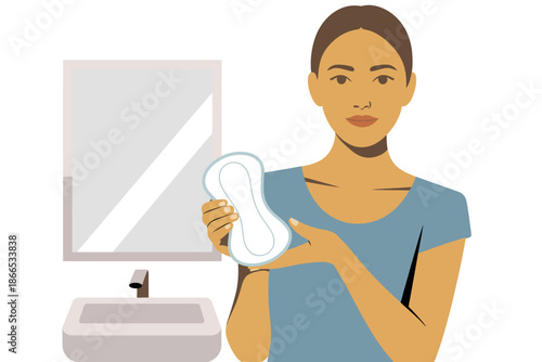 A woman holds a menstrual pad in front of a bathroom sink and mirror.