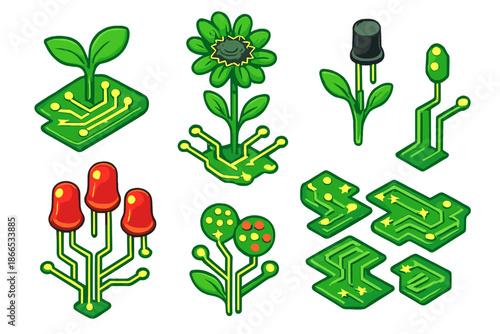 Circuit Board Garden. Isometric vector illustration set Circuit Board Garden: sprouting plants, glowing PCB lines, microchip