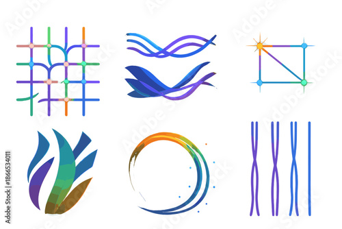 Luminous Aetheric Weave. Isometric vector illustration set Aetheric Weave Pattern: luminous weave grid, floating aether strands,