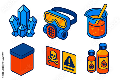 Silver Halide Alchemy Icons. Isometric vector illustration set Silver Halide Alchemy: silver halide crystals, protective mask, lab