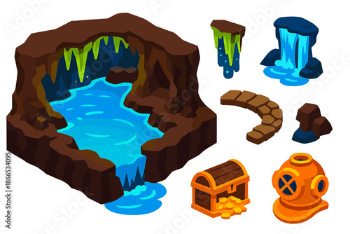 Subterranean Ocean Treasures. Isometric vector illustration set Subterranean Ocean Map: hidden cave lake, glowing stalactites,
