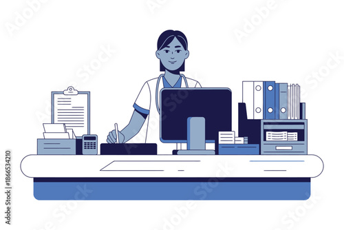 A person in medical attire stands behind a reception desk with a computer and files.