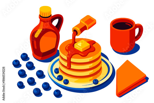 Pancake Breakfast Delight. Isometric vector illustration set Pancake Breakfast Maple: stack of fluffy pancakes, syrup pouring from