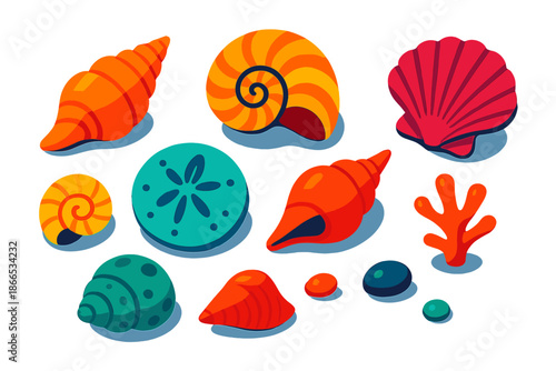 Vibrant Seashell Collection. Isometric vector illustration set Seashell Collection: assorted seashells, spiral nautilus, scallop