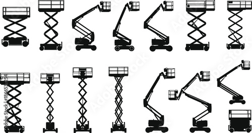 Scissor lift and articulated boom lift silhouettes set, aerial work platforms, construction equipment icons, industrial machinery vector illustration