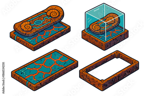 Futuristic Fossil Display. Isometric vector illustration set Fossilized Future Artifact: fossilized hoverboard, cracked neon