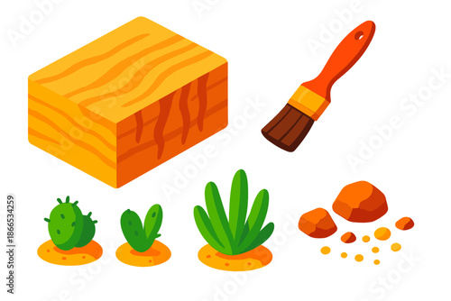 Desert Varnish Icons. Isometric vector illustration set Desert Varnish Canvas: smooth sandstone canvas, natural varnish streaks,