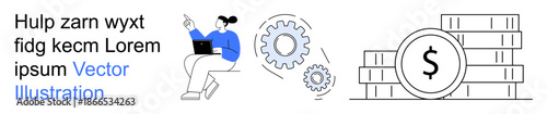 Business strategies, entrepreneurship, economic planning, financial growth, innovation, teamwork. Image shows a person with a laptop, gears and a stack of coins. Business strategies and financial