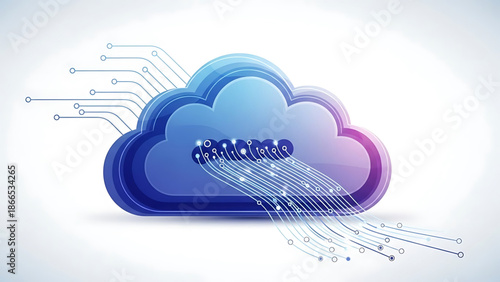 A colorful cloud computing icon with circuit lines and nodes on a white background