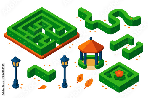 Urban Hedge Maze. Isometric vector illustration set Urban Hedge Maze: top-down hedge maze, twisting corridors, small gazebos, lamp