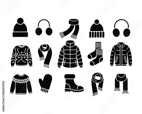 Collection of black winter clothing including hats scarves jackets socks boots and sweaters.