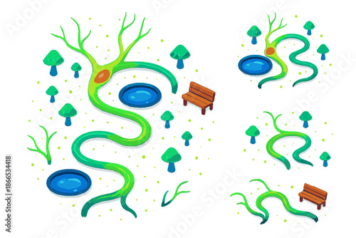 Neurological Garden Pathway. Isometric vector illustration set Neurological Garden Pathway: winding neural garden path, luminous