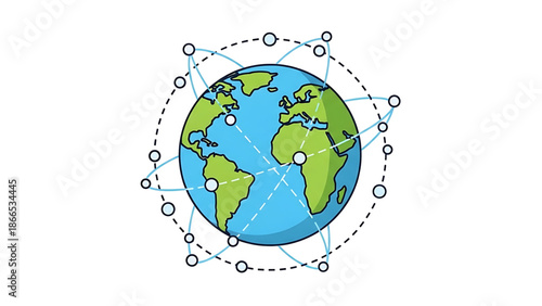 A vector graphic illustration of the Earth with a network of connections around it