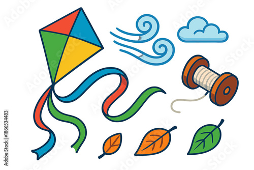 Vibrant Kite Scene. Isometric vector illustration set Kite String Wind: colorful kite in motion, fluttering ribbons, swirling wind