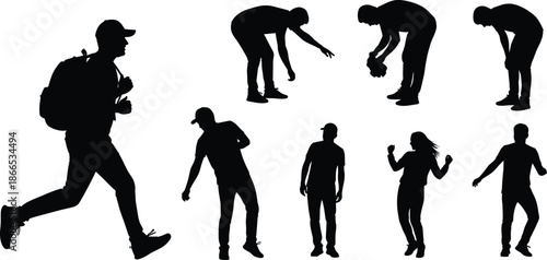 Set of black silhouettes of people in various active poses including running with backpack, dancing, bending, standing, and walking outdoors.