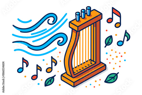Aeolian Wind Harp. Isometric vector illustration set Aeolian Wind Harp: wind harp with taut strings, flowing air currents, tiny