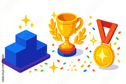 Victory Icons Set. Isometric vector illustration set Victory Point: award podium, trophy cup, glowing laurel leaves, tiny stars,