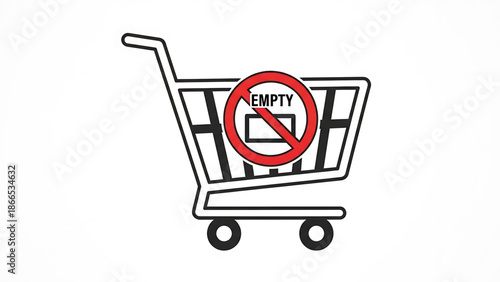 A vector graphic illustration of an empty shopping cart with a red prohibition sign