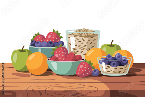 Various fresh fruits and a glass of oats are arranged on a wooden table.
